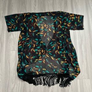 LuLaRoe Black Kimono with Teal and Orange Leaf Pattern